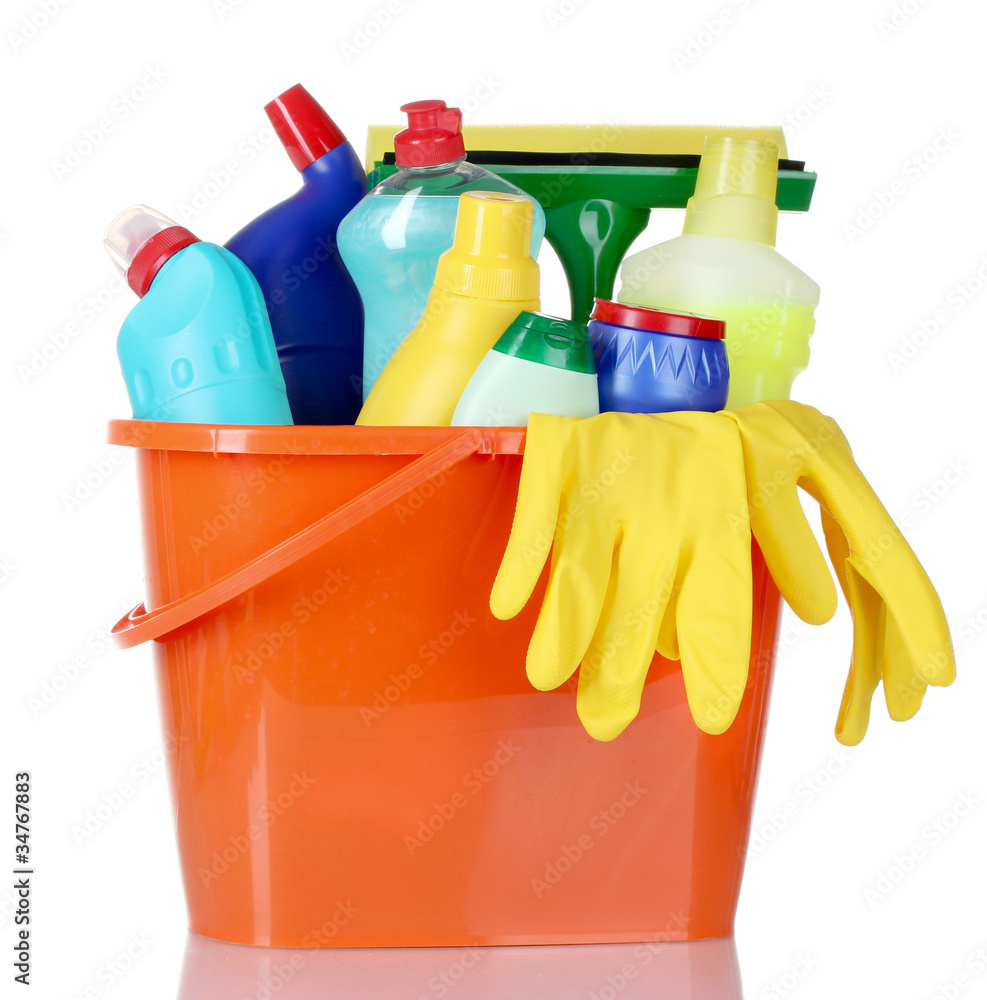 detergent bottles, brushes and gloves detergent bottles, brushes and gloves
