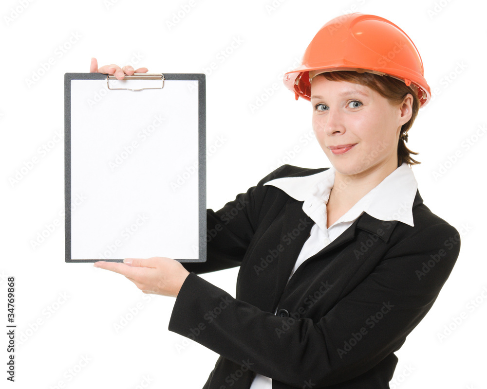 Businesswoman in a helmet on a white background. Businesswoman in a helmet on a white background.