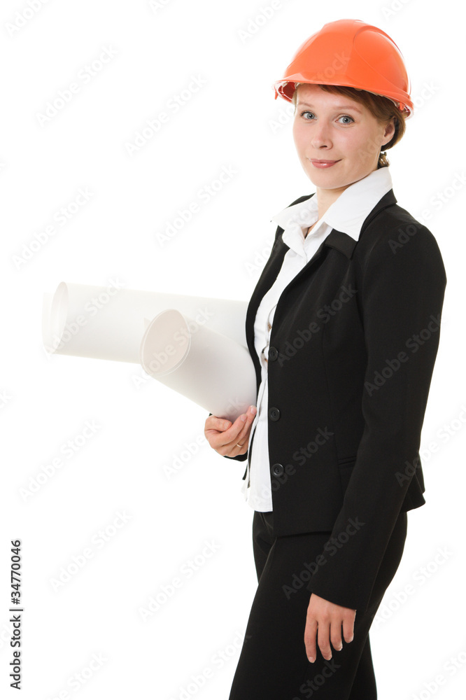 Businesswoman in a helmet on a white background. Businesswoman in a helmet on a white background.