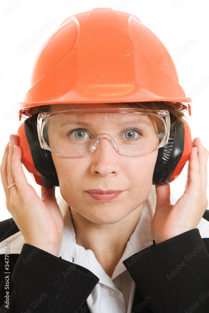 Businesswoman in a helmet on a white background. Businesswoman in a helmet on a white background.