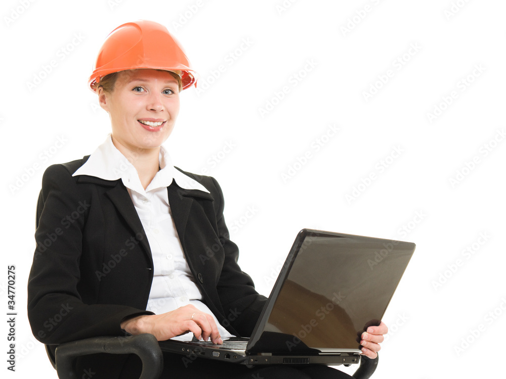 Businesswoman in a helmet on a white background. Businesswoman in a helmet on a white background.