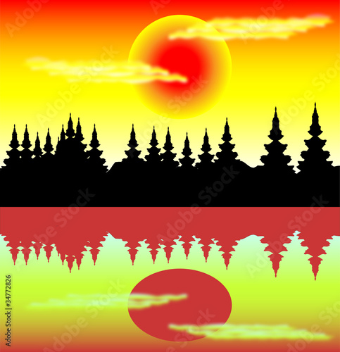 Spruce forest at sunset with reflection in water