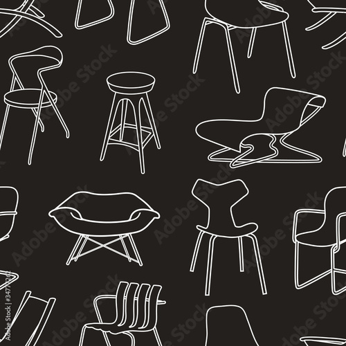 Retro chairs seamless pattern of furniture on black