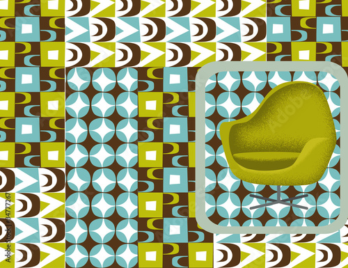 retro chair and collage of retro patterns
