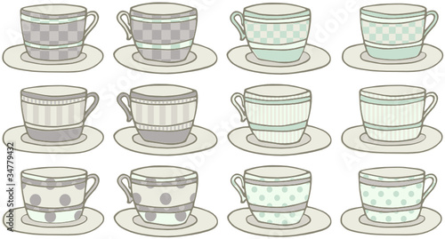 Set of 6 pairs of doodle patterned teacups