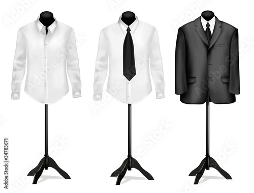 Black suit and white shirt on mannequins. Vector