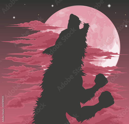 Werewolf silhouette howling at moon