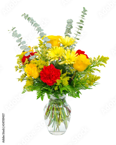 Colorful flower arrangement centerpiece in glass vase