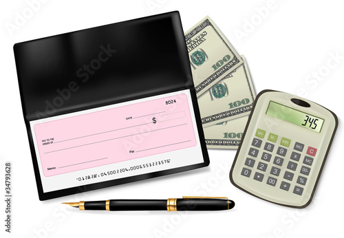 Checkbook with check, calculator and dollars. Vector.