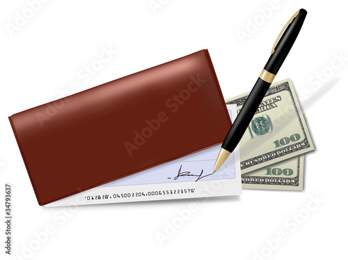 Brown checkbook with check, pen and dollars. Vector.