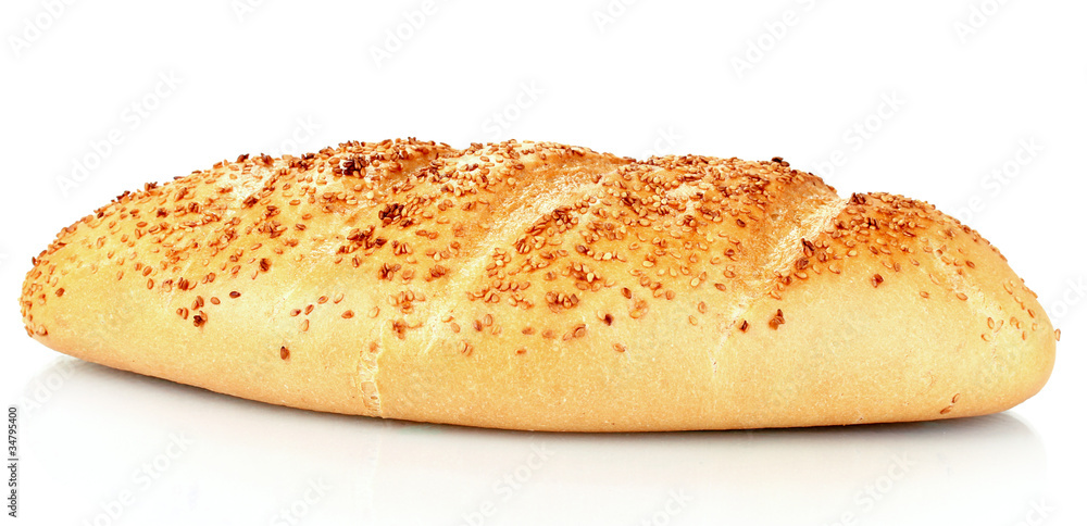 Tasty bread with sesame seeds isolated on white
