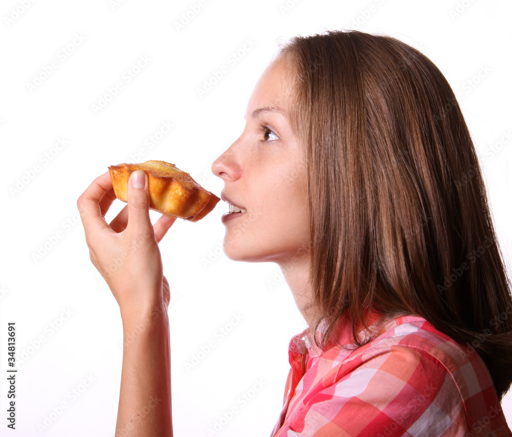 woman with appetizing cake, isolated on white woman with appetizing cake, isolated on white