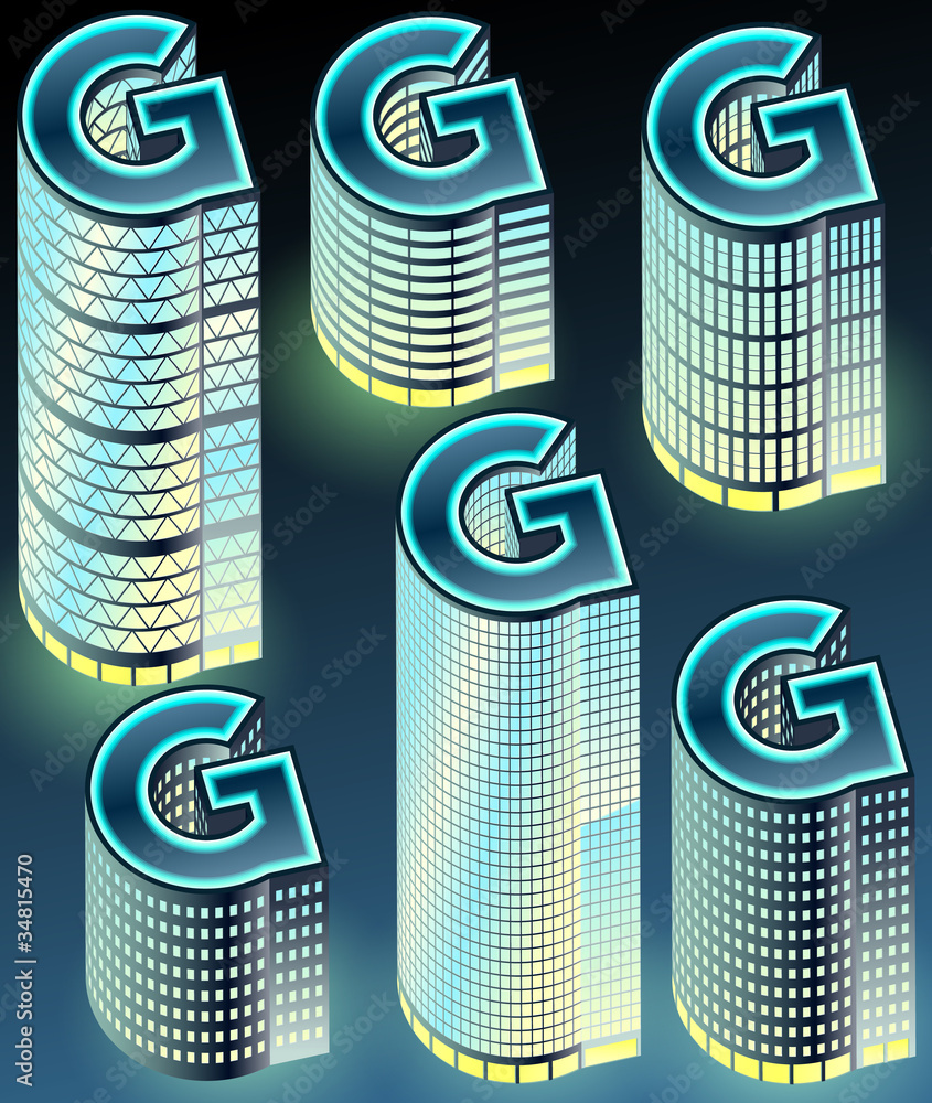 Fototapeta premium Set of night buildings in form of alphabet. Letter G