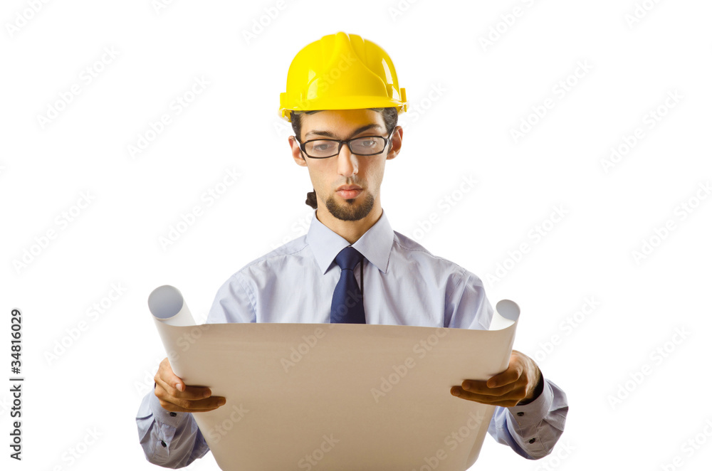 Engineer working with drawings on white Engineer working with drawings on white