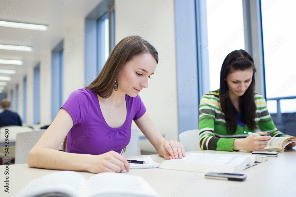 in the library - two female students in the library - two female students