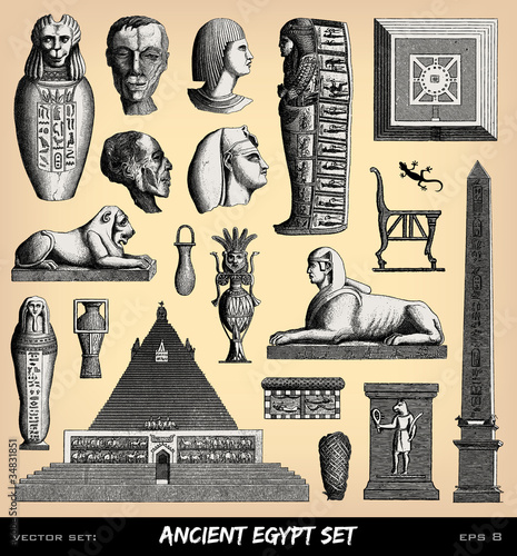 Engraving vintage funeral Egypt set