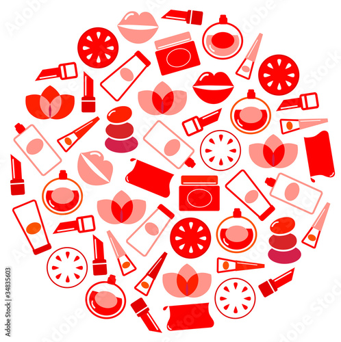 Wellness and cosmetics icons circle isolated on white ( red ).