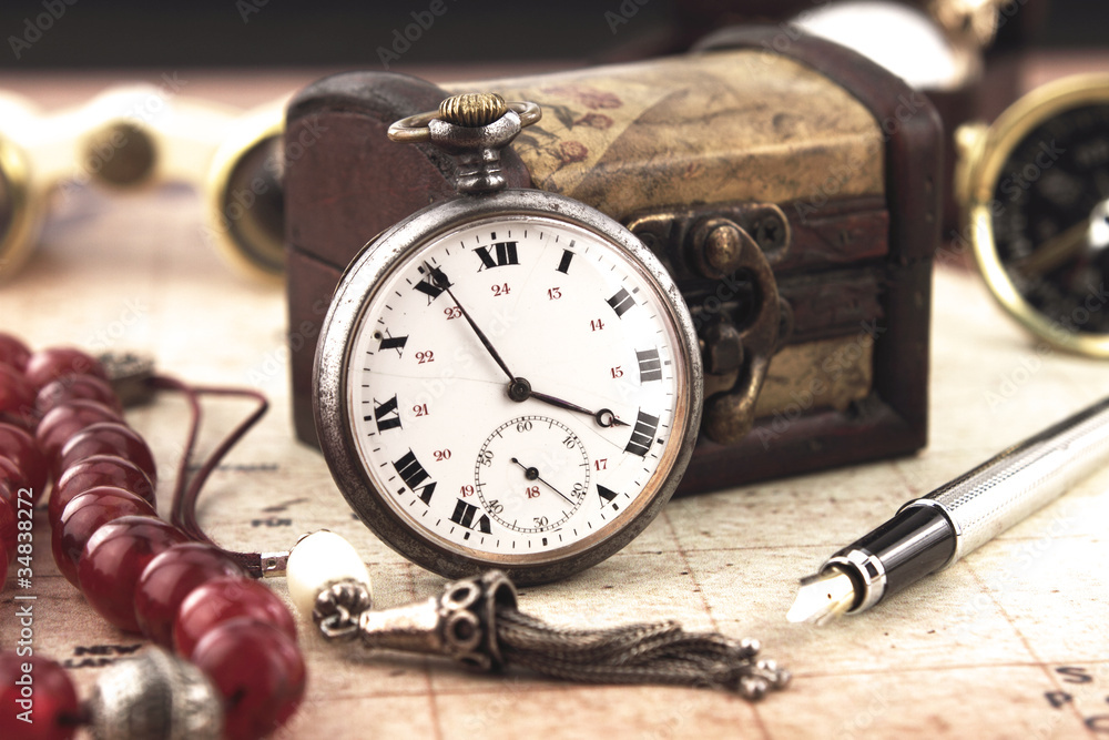 Antique Retro Pocket Clock and decoration objects Antique Retro Pocket Clock and decoration objects