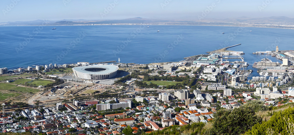 Panorama of Cape Town’s waterfront, soccer stadium, and harbour
