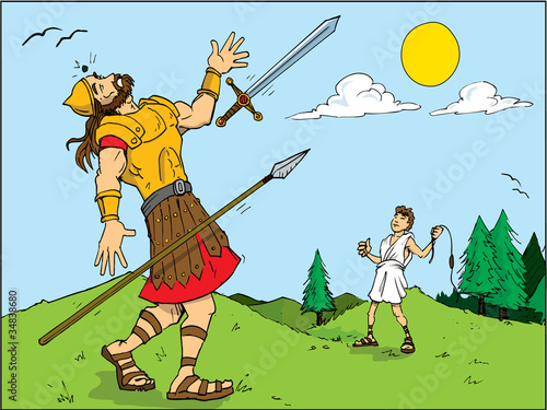 Cartoon of Goliath defeated by David