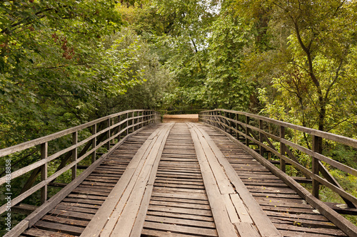 wooden bridge against trees and falling leaves