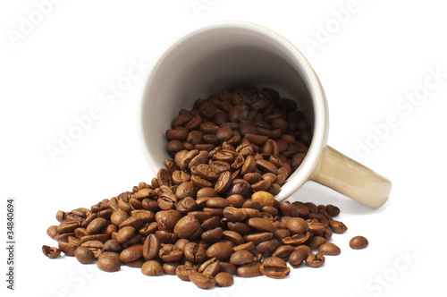 coffee beans, ceramic cup