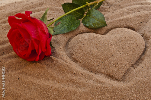 Red rose on the beach with a heart in the sand