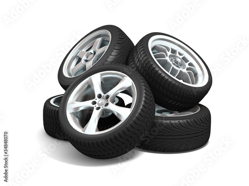 Car wheels on white background.