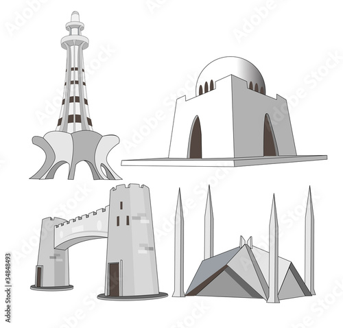 Great Monuments of Pakistan icons landmark illustrations