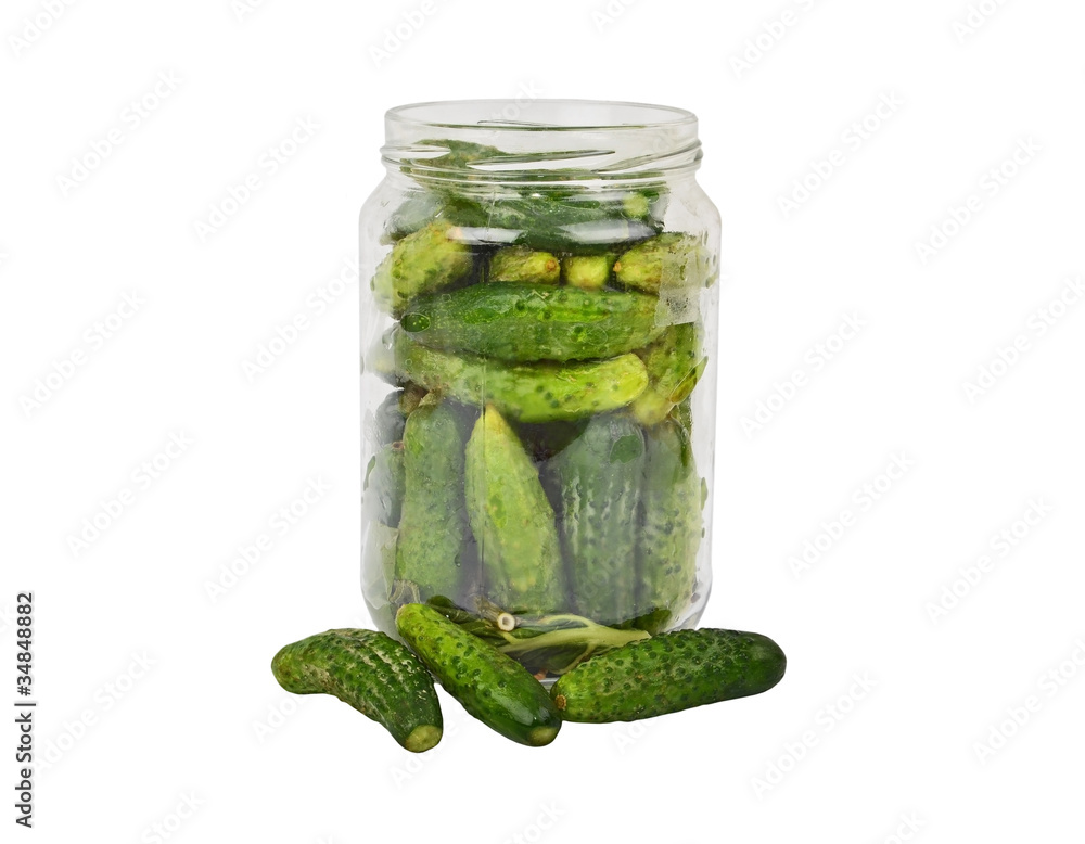 Glass jar with cucumber gherkin, isolated on white background Glass jar with cucumber gherkin, isolated on white background