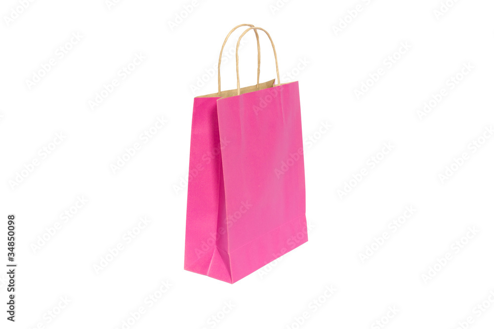 Pink paper bag ready for shopping, isolated on white background