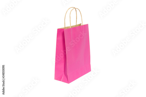 Pink paper bag ready for shopping, isolated on white background