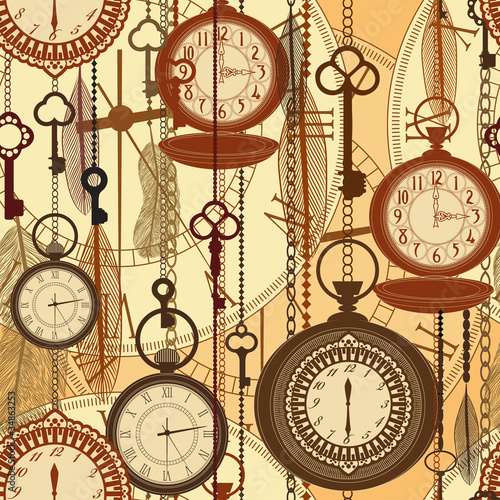 Vintage sepia seamless pattern with watches, feathers and keys