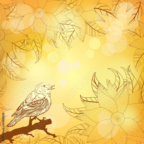 Autumnal yellow background with flowers and bird