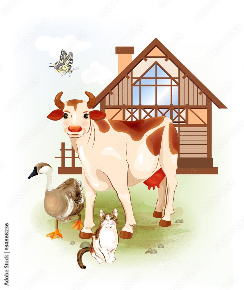 Country life. Farm animals. Cow, cat and goose. Stock Vector | Adobe Stock