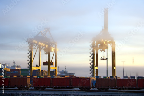 Harbor cranes in foggy morning photo