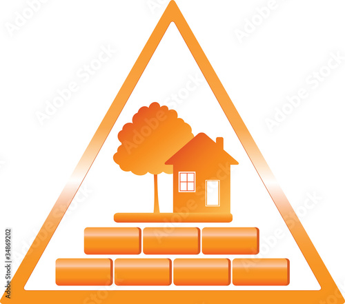 triangular construction sign with tree house and bricks