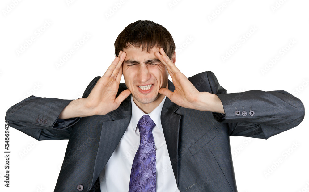 businessman in a gray suit with a headache in the studio businessman in a gray suit with a headache in the studio