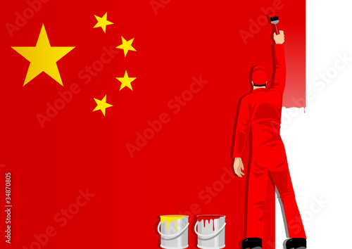 Illustration of a man figure painting the flag of China