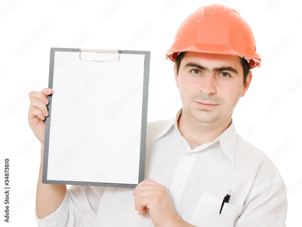 Businessman in helmet holding a tablet. Businessman in helmet holding a tablet.