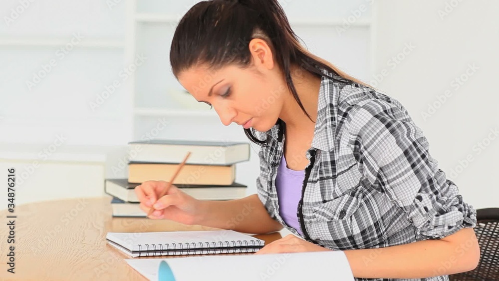 Charming Student sitting at a table learning Charming Student sitting at a table learning