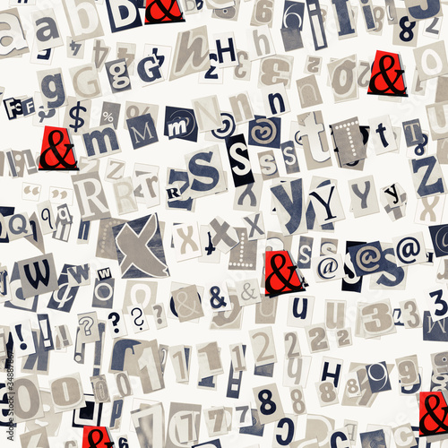 Abstract monochrome collage background with red sign "&"