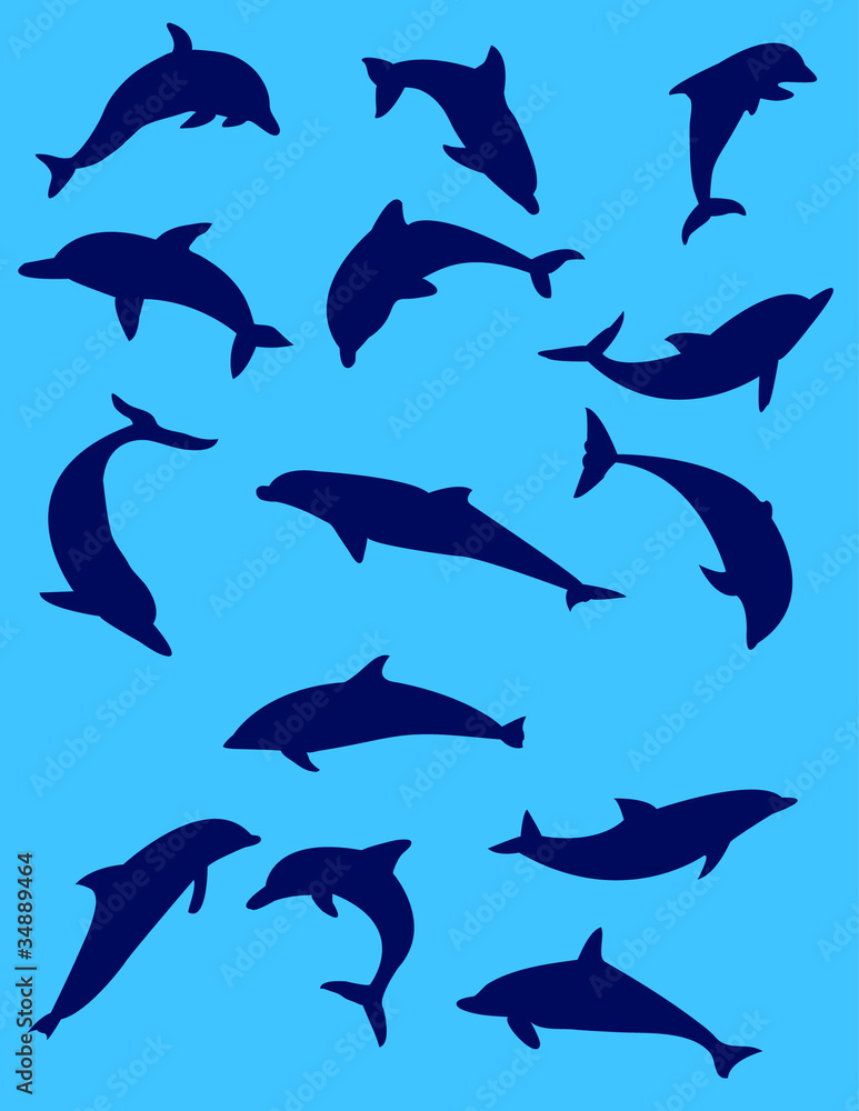 Naklejka premium dolphin silhouette with blue background - vector