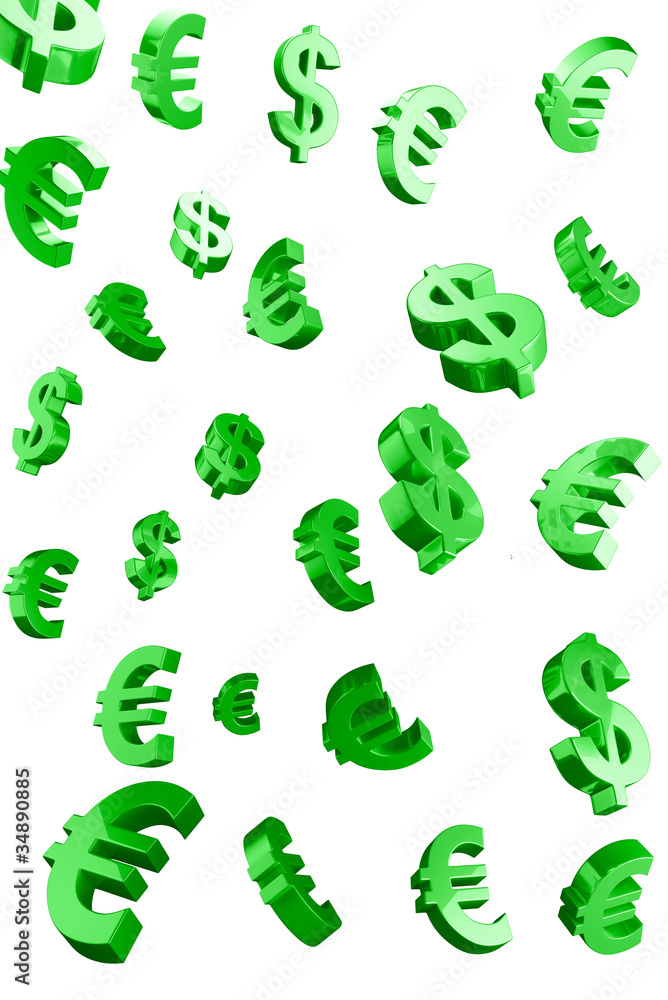 Green Evro and Dollar signs rain.Isolated on a white background Green Evro and Dollar signs rain.Isolated on a white background