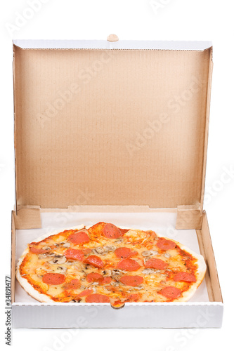 pepperoni pizza in open paper box