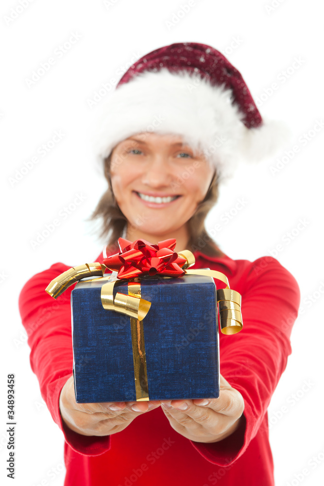 woman with christmas hat holding a present on white woman with christmas hat holding a present on white