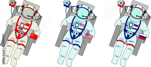 Three astronauts-American, Chinese and Russian