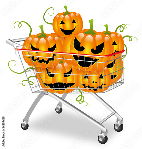 Shopping cart filled with halloween pumpkins