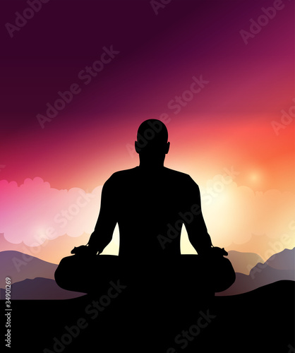 Man Silhouette Doing Yoga Meditation.Vector Illustration
