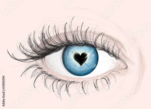 Blue EYE with pupil like Heart / Vector Sketch